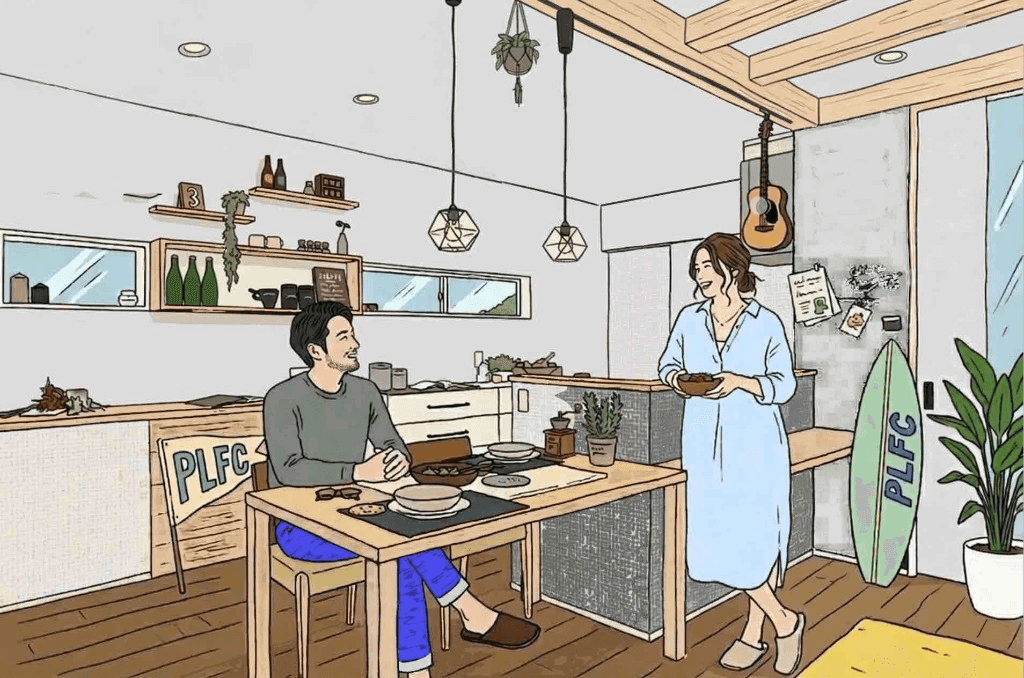 ダイニングで食事の準備をするご夫婦のイラスト
